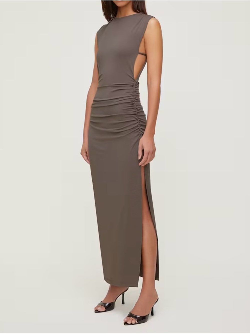 Dynamite Taupe Sleeveless Ruched Side-Slit Maxi Dress